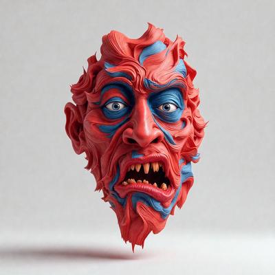 The primary subject of the image is a red and blue-painted, scary-looking head with a mouth open. The head is the main focus of the image, and it appears to be a sculpture or a piece of art. The setting is a white background, which provides a clean and uncluttered environment for the artwork. The visual style of the image is a combination of digital art and illustration, as it is a well-crafted and detailed piece of art. The colors and mood of the image